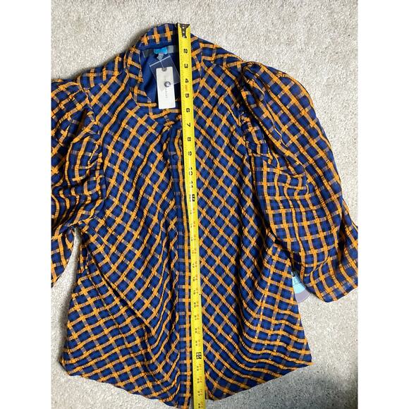 Women Blouse Shirt Top Eva Franco Blue Orange Black Button Up Size 8 NWT - Picture 8 of 10